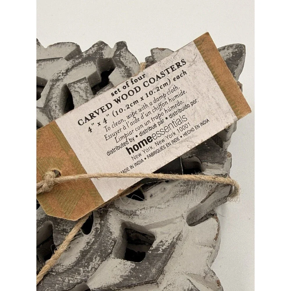 Artisan Market Hand Carved Wood Coasters Gray Distressed Set of 4 Farmhouse 4x4
